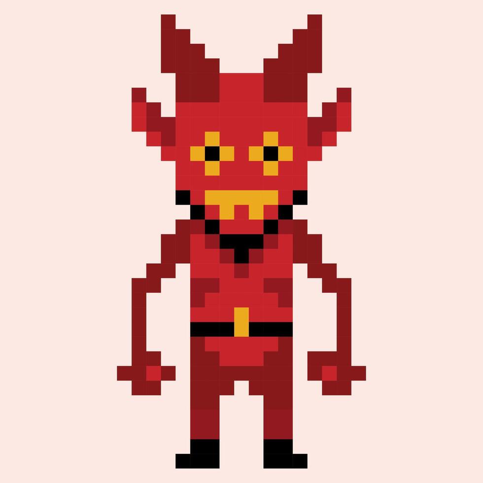 Pixel devil or demon icon. 8 bit evil character for games and applications vector