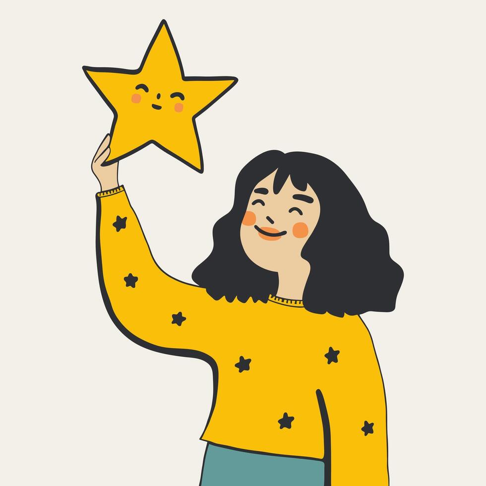 Happy girl holding star. Smiling young woman in yellow top. Rating, review, feedback icon. Customer review rating concept. Flat line vector