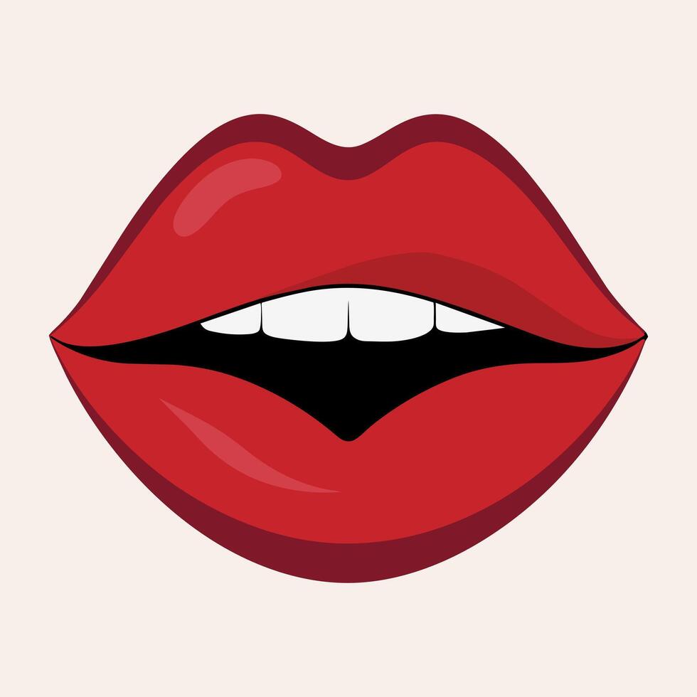 Sensual lips in red lipstick icon. Open mouth with healthy teeth, white smile. Simple logo vector