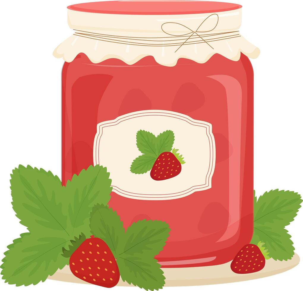 Strawberry jam in a glass jar with strawberry leaves and berries. Homemade berry marmalade. Farm product. vector