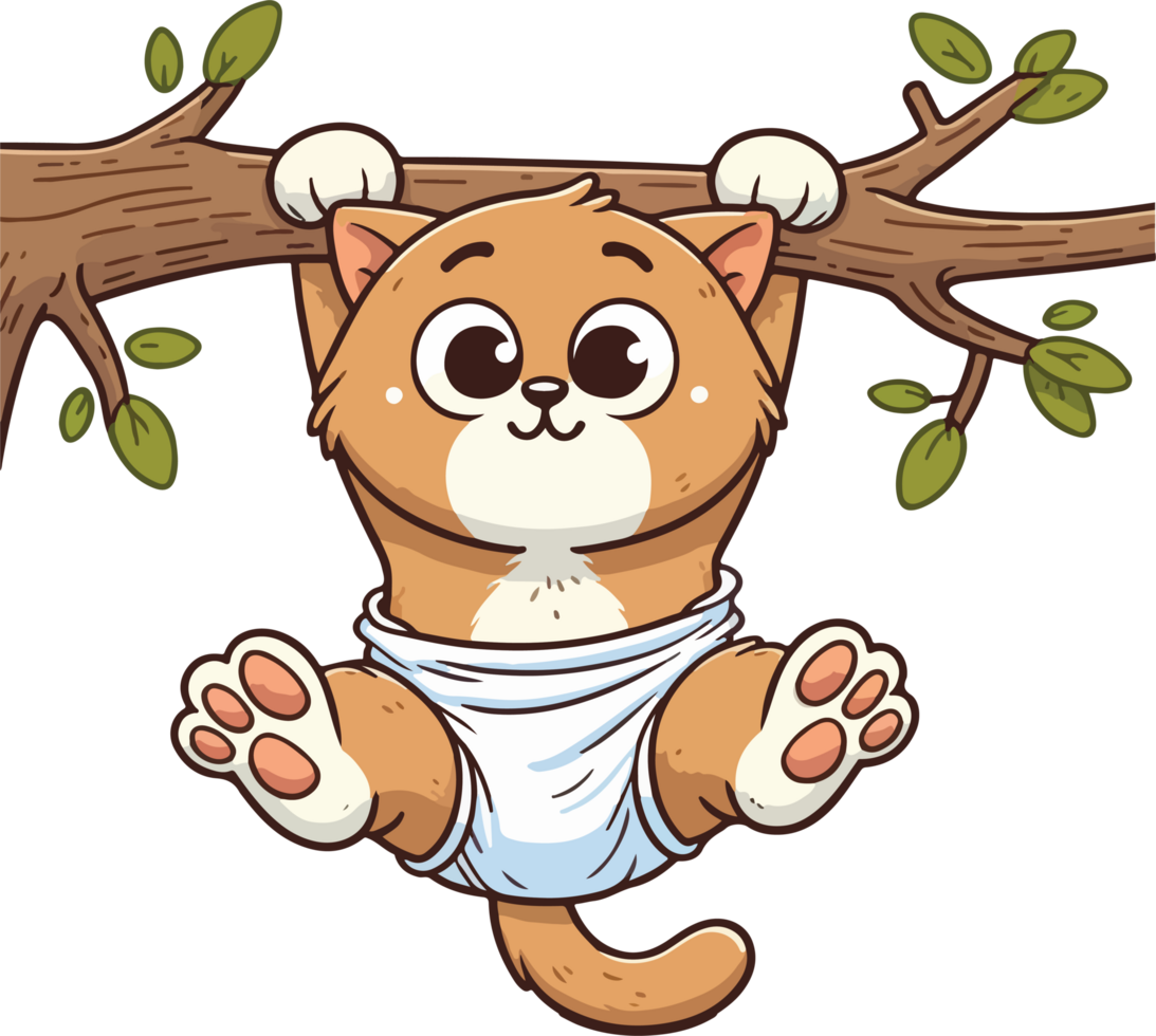 cartone animato gatto nel un' pannolino sospeso a partire dal un' albero ramo png