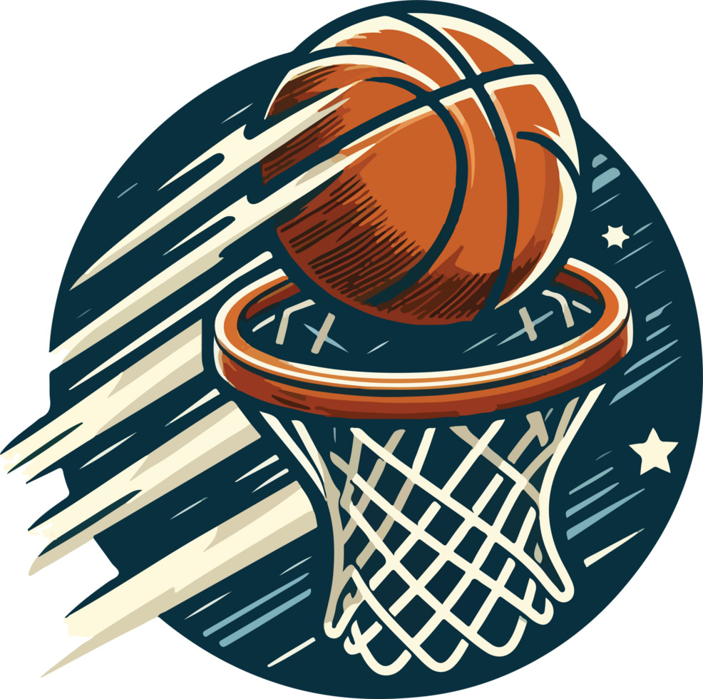 Illustration of a basketball sinking through a hoop png