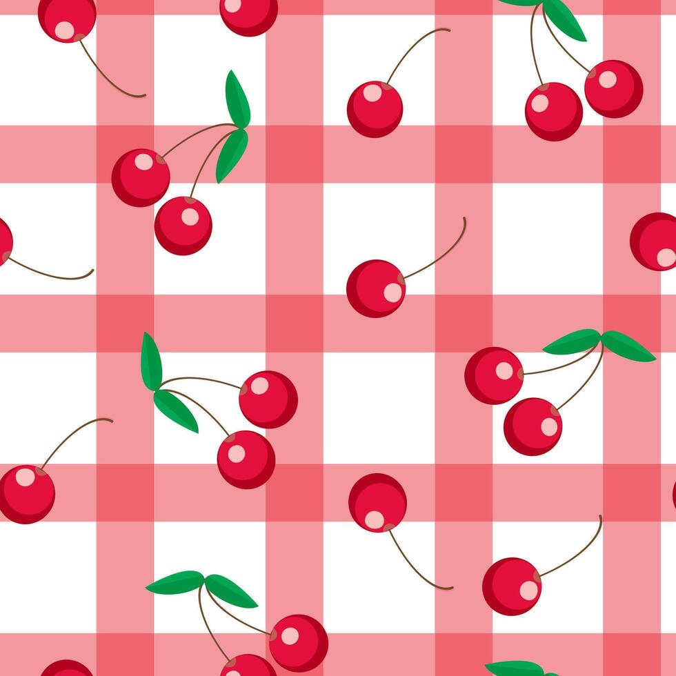 Cherry Fruit Gingham Plaid Seamless Pattern vector
