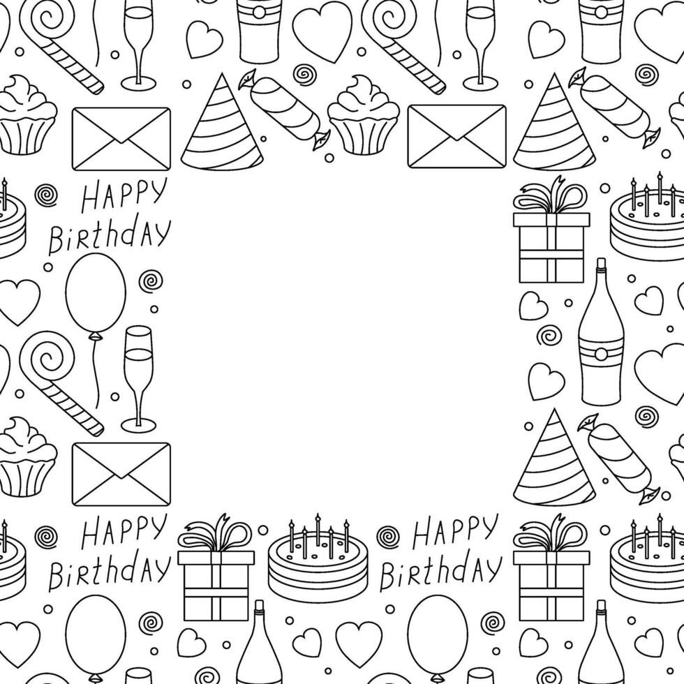 Happy birthday frame. Seamless birthday background. Illustration with cake, gift box, party hat, balloons. vector