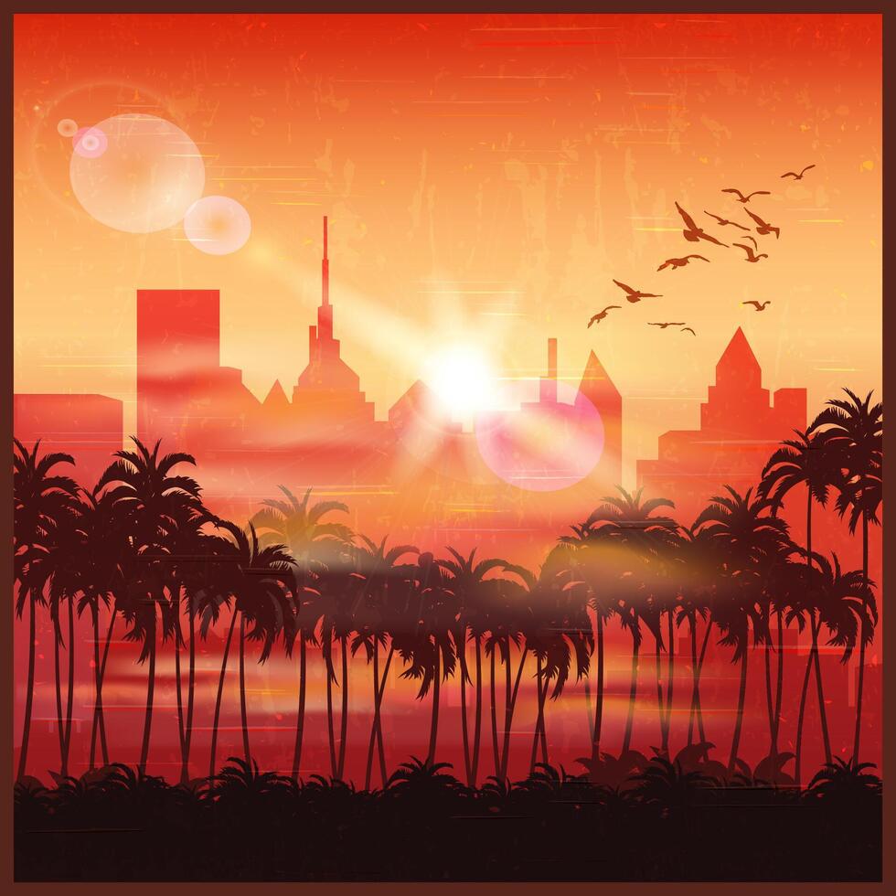 ciudad a puesta de sol vector