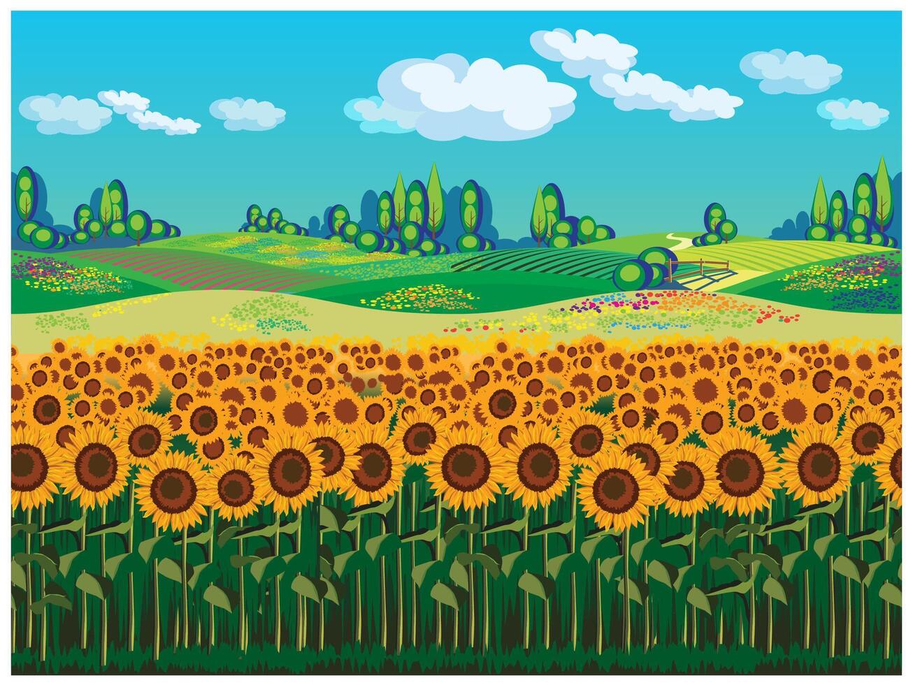 Scenic landscape with sunflowers vector