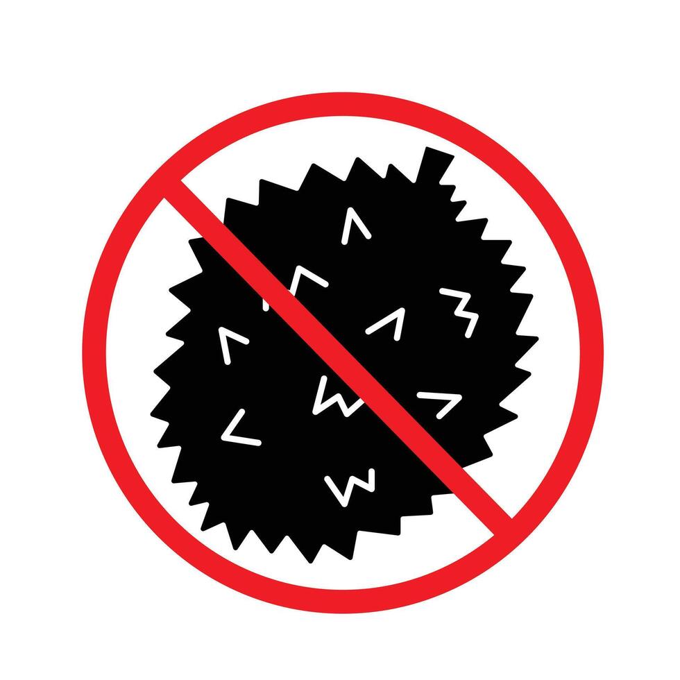 No durians. Fruit with strong potent smell not allowed illustration icon sign with red cross isolated on square white background. Simple flat signage drawing. vector