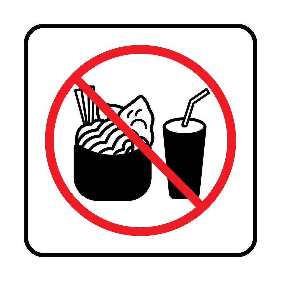 No food and drinks allowed with red cross sign age banner illustration isolated on square white background. Simple flat poster graphic design for prints. vector