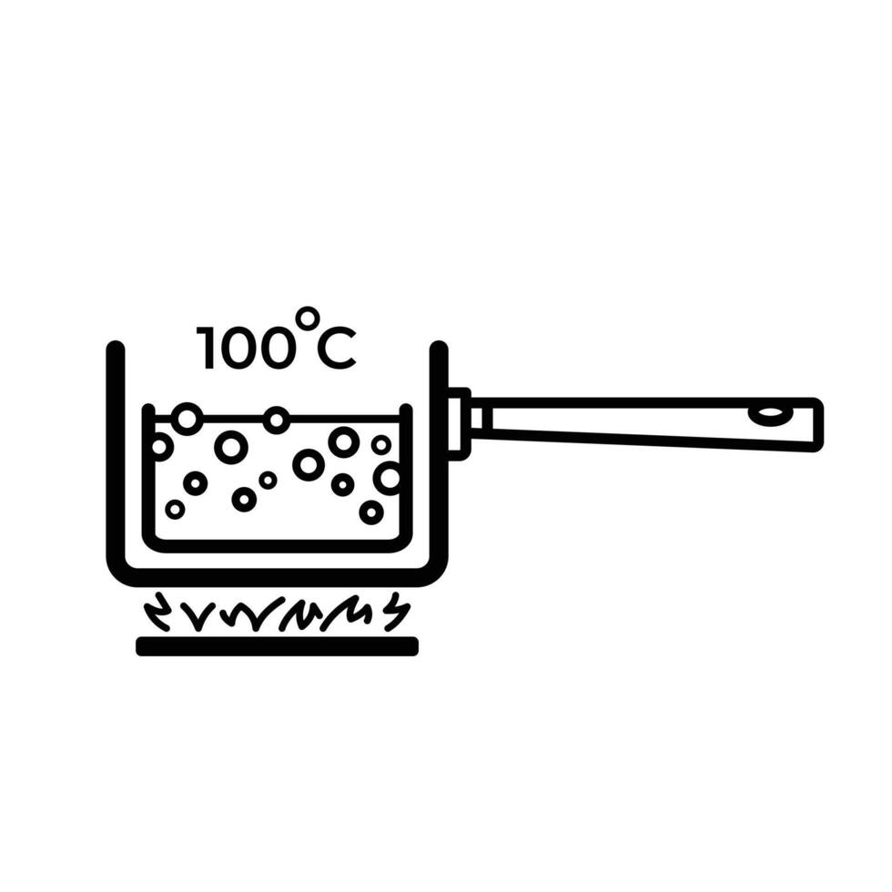 hirviendo agua firmar icono contorno ilustración. agua en hirviendo pan en estufa fuego. 100 la licenciatura celcius agua temperatura. sencillo plano póster gráfico diseño dibujo para huellas dactilares. vector