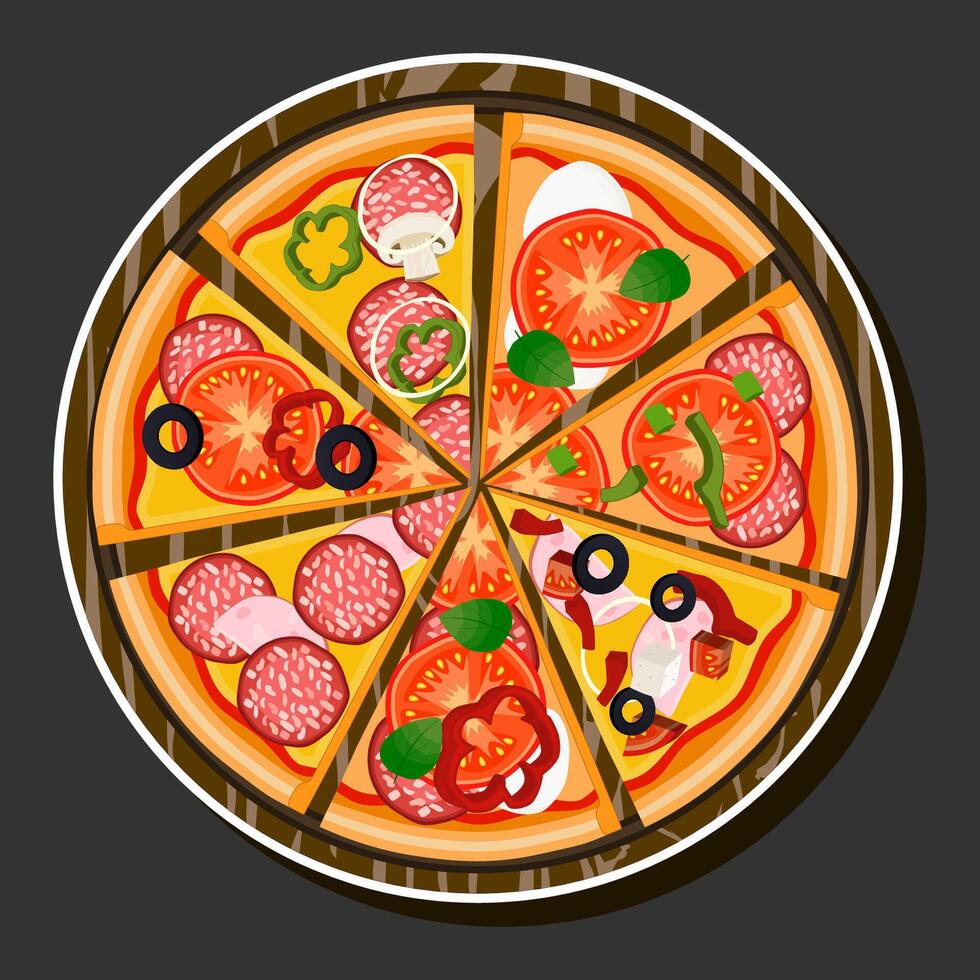 ilustración en tema grande caliente sabroso Pizza a pizzería menú vector