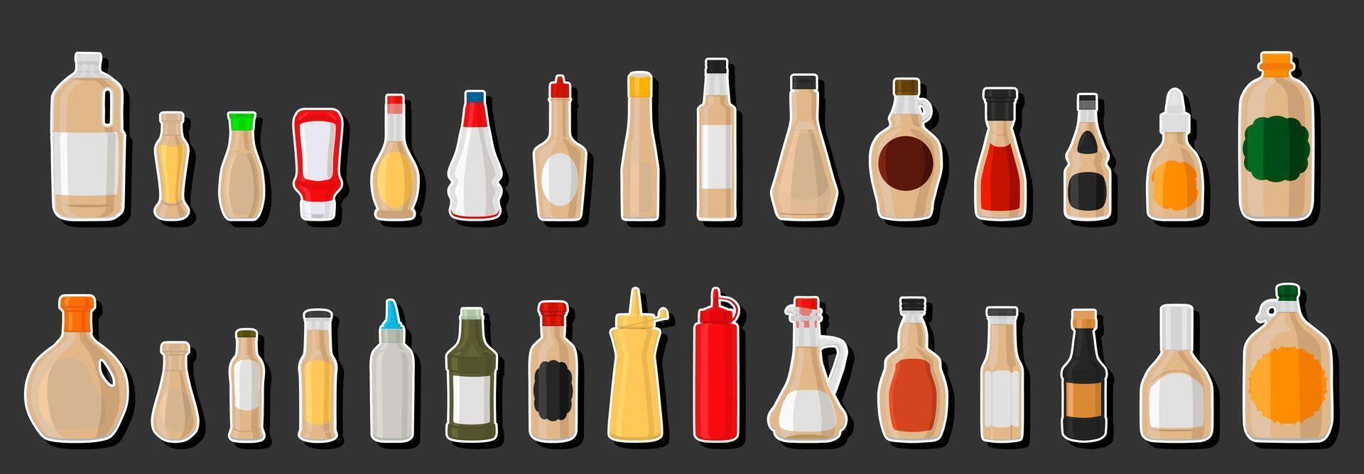 ilustración tema kit grande botellas de vidrio variadas llenas de salsa líquida de sésamo vector