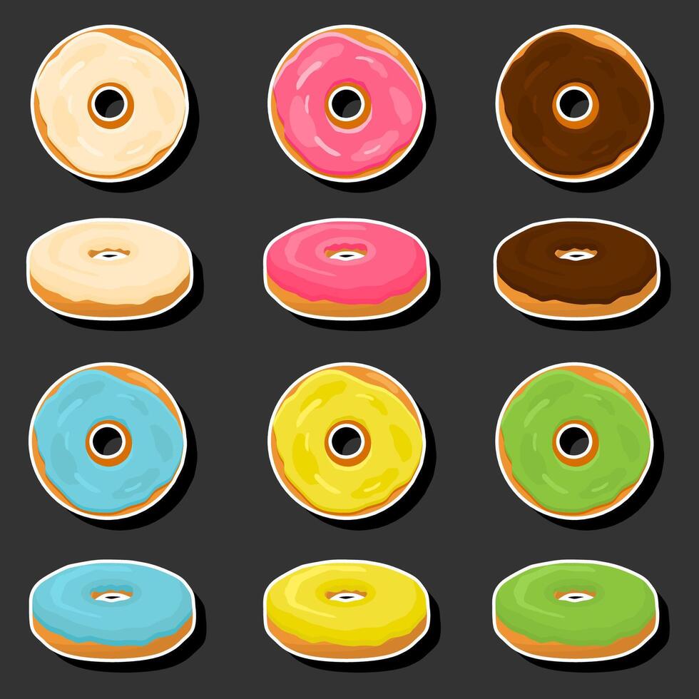 Illustration on theme big set different types sticky donuts, sweet doughnuts various size vector