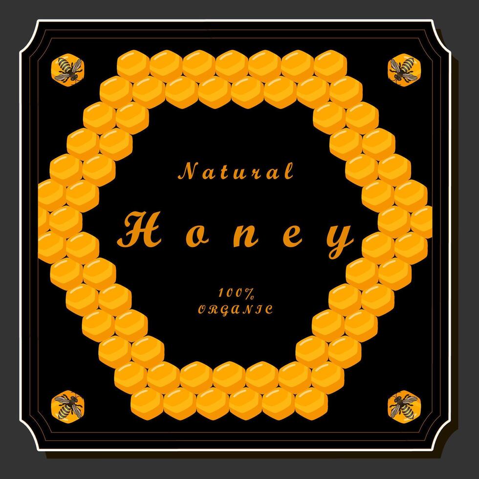 Illustration on theme for label of sugary flowing down honey in honeycomb with bee vector