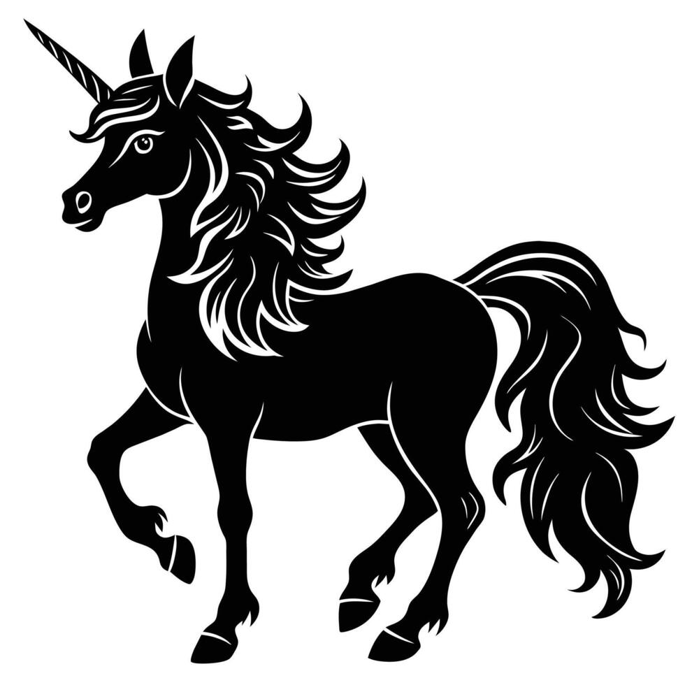 mágico unicornio silueta negro y blanco vector