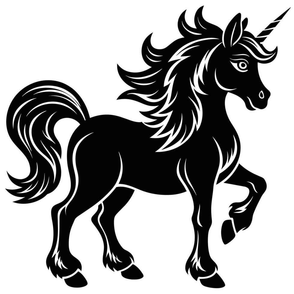 mágico unicornio silueta negro y blanco vector