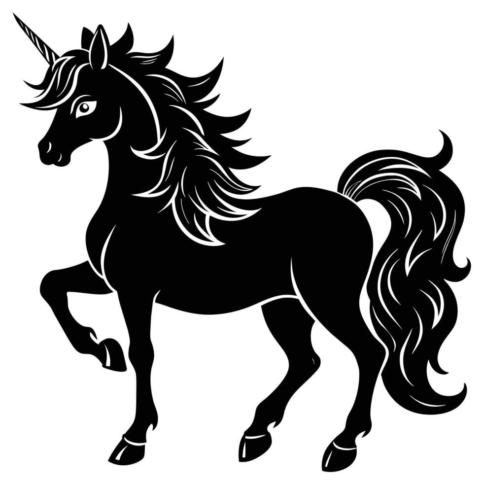 mágico unicornio silueta negro y blanco vector