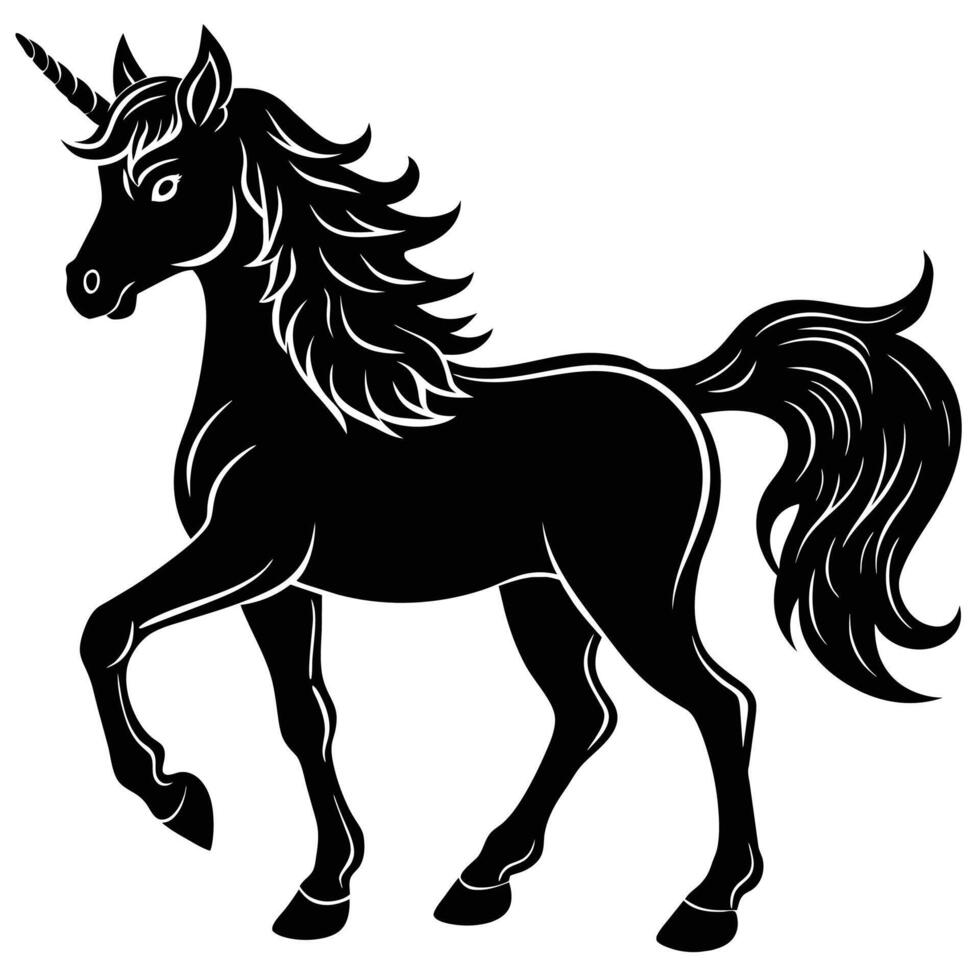 mágico unicornio silueta negro y blanco vector