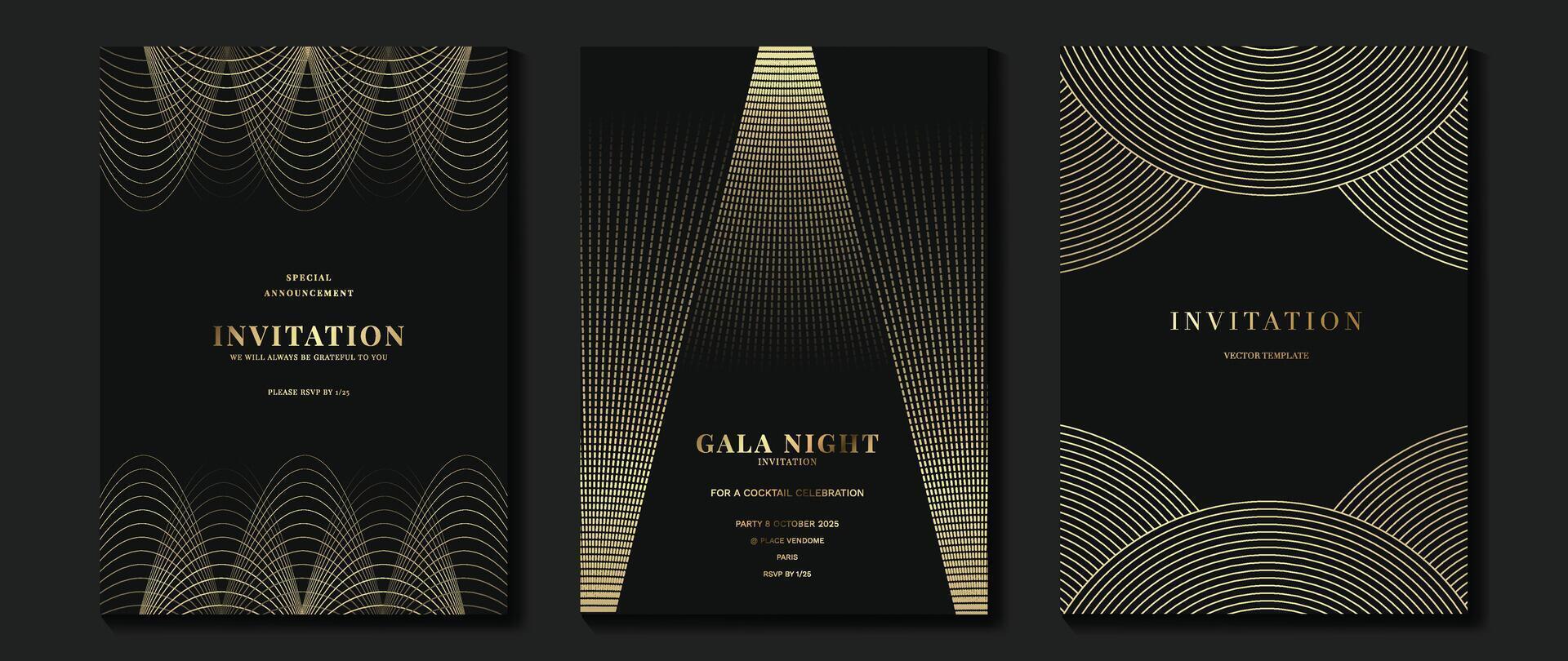 Luxury invitation card background . Golden elegant geometric shape, gold lines gradient on dark background. Premium design illustration for gala card, grand opening, wedding, party invitation. vector