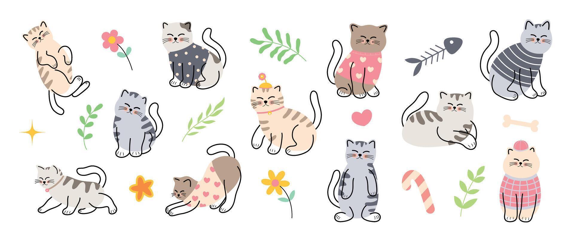 linda gatos y gracioso gatito garabatear elemento . contento internacional gato día caracteres diseño colección con plano color en diferente posa conjunto de adorable mascota animales aislado en blanco antecedentes. vector