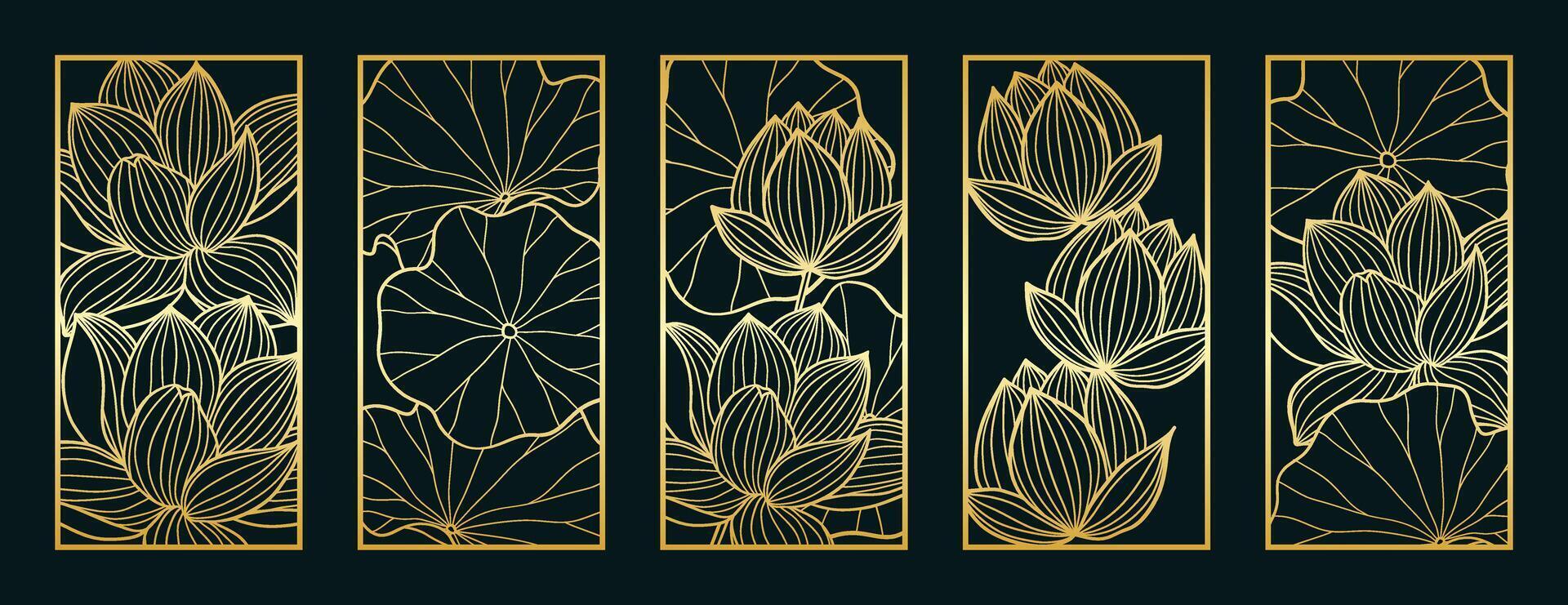 Gold lotus flower line art pattern collection. Laser cut with line design pattern. Design for wood carving, wall panel decor, metal cutting, wall arts, cover background, wallpaper and banner. vector