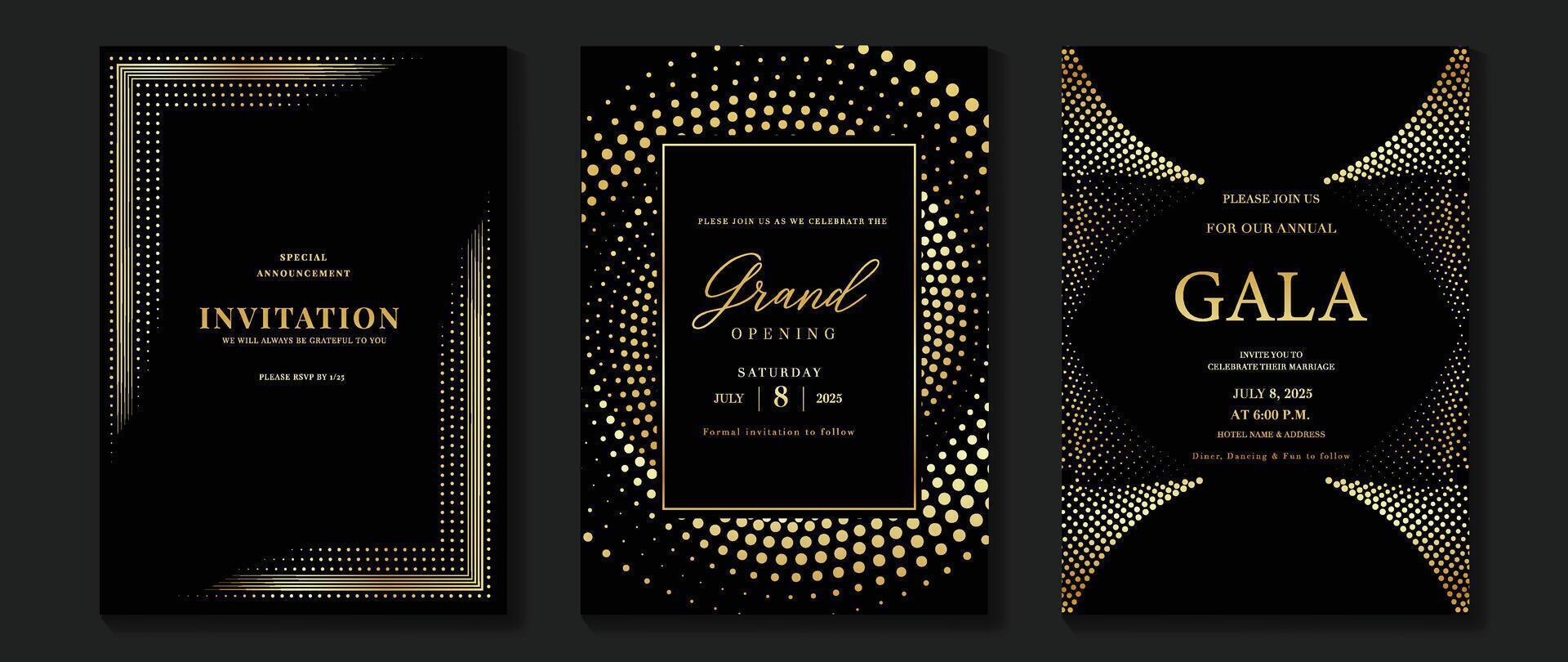 Luxury invitation card background . Golden elegant geometric shape, gold lines gradient on dark background. Premium design illustration for gala card, grand opening, wedding, party invitation. vector