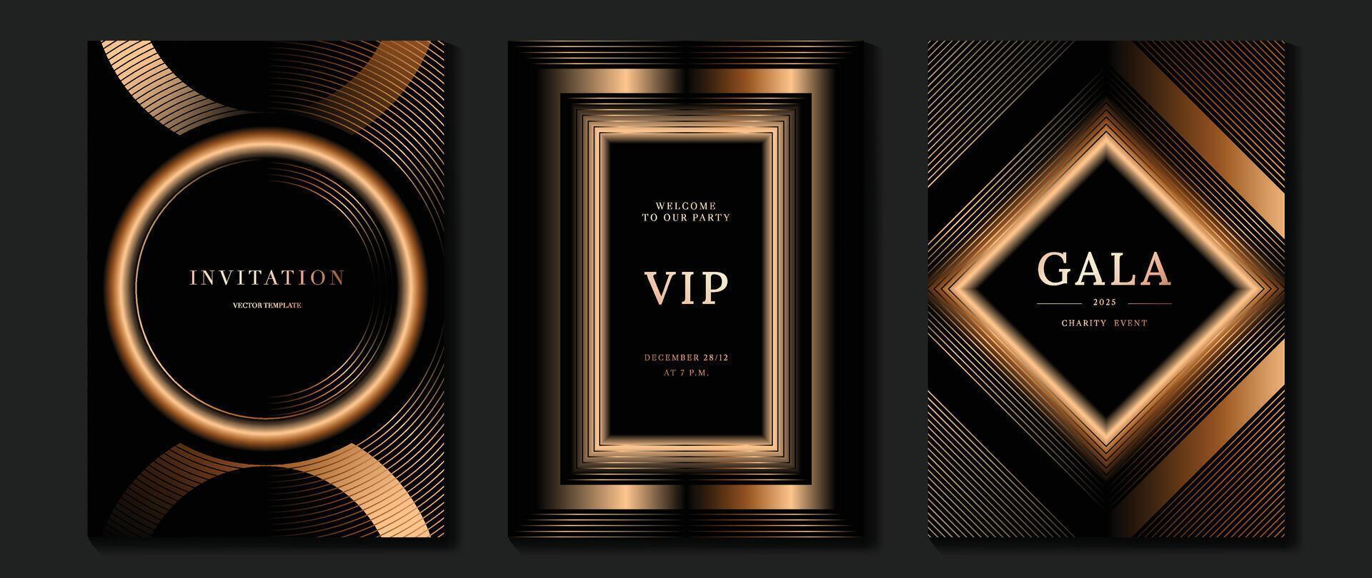 Luxury invitation card background . Golden elegant geometric shape, gold lines gradient on dark background. Premium design illustration for gala card, grand opening, wedding, party invitation. vector