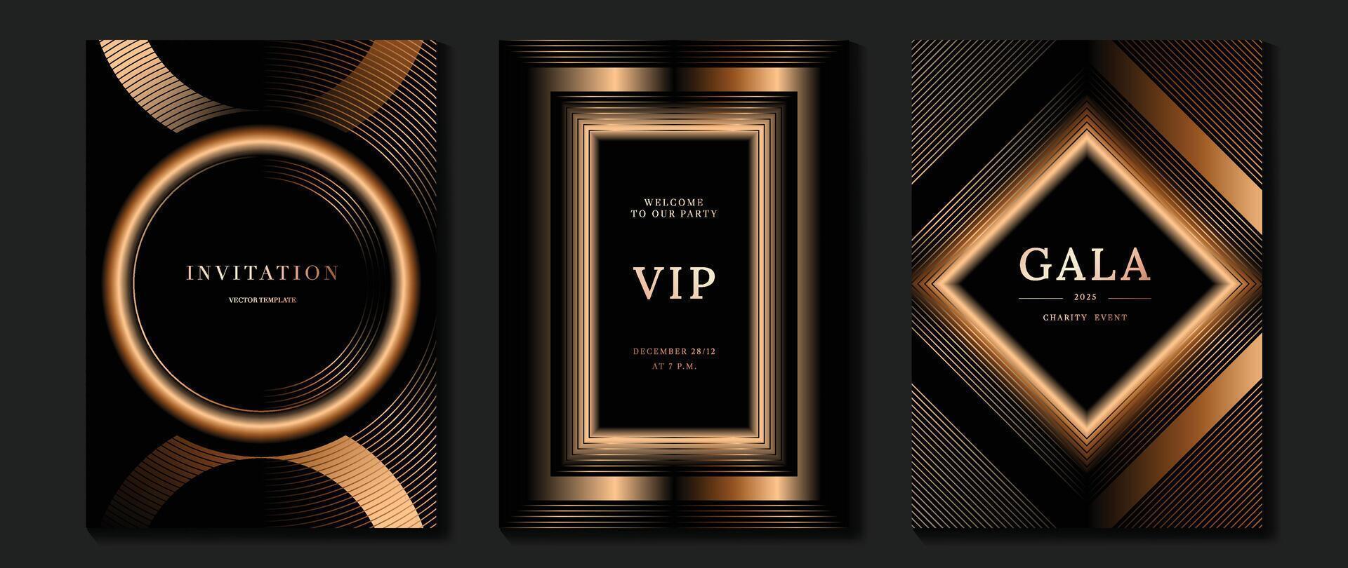 lujo invitación tarjeta antecedentes . dorado elegante geométrico forma, oro líneas degradado en oscuro antecedentes. prima diseño ilustración para gala tarjeta, grandioso apertura, boda, fiesta invitación. vector