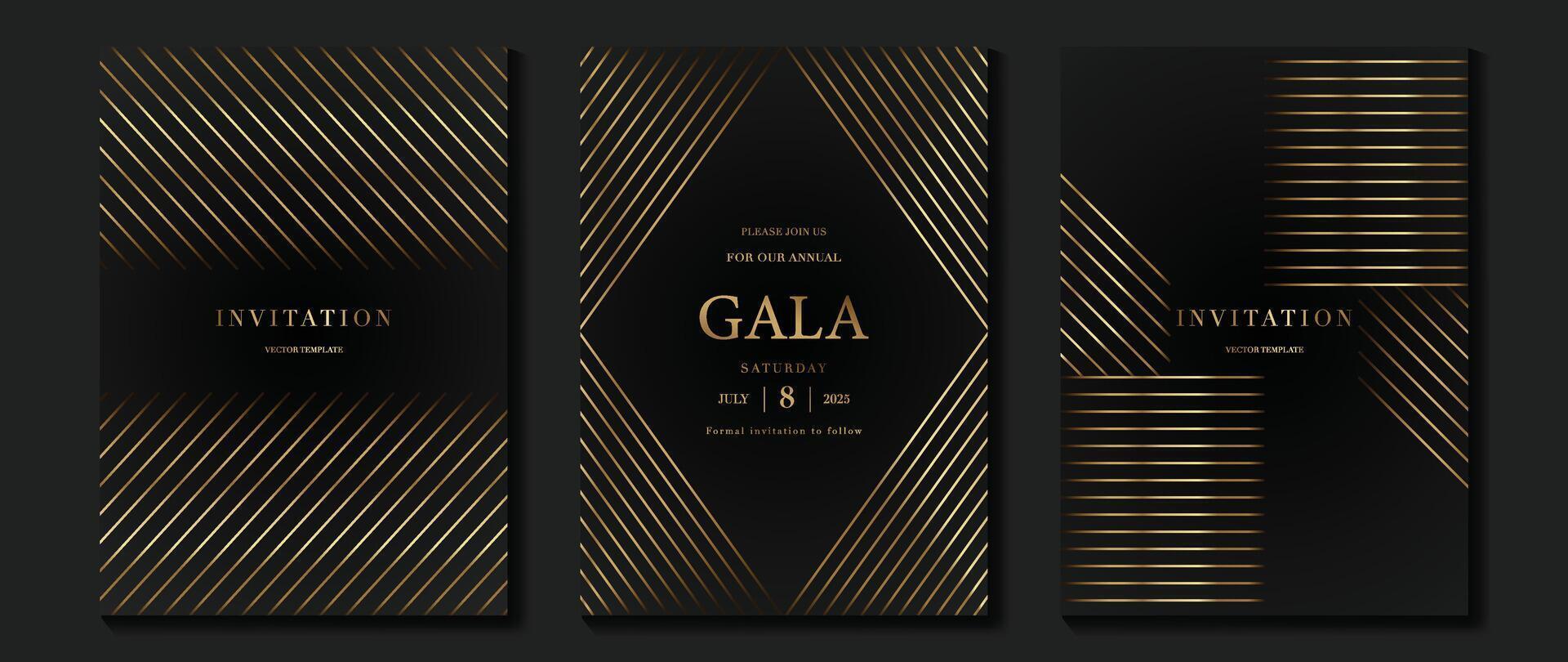 Luxury invitation card background . Golden elegant geometric shape, gold lines gradient on dark background. Premium design illustration for gala card, grand opening, wedding, party invitation. vector