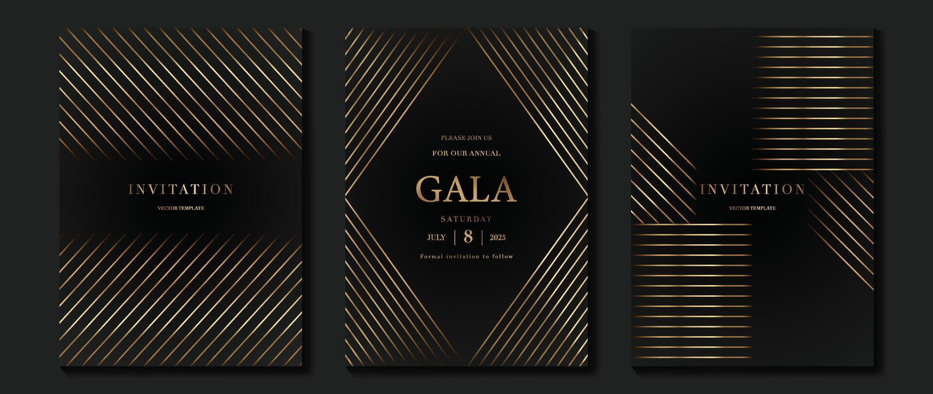 Luxury invitation card background . Golden elegant geometric shape, gold lines gradient on dark background. Premium design illustration for gala card, grand opening, wedding, party invitation. vector