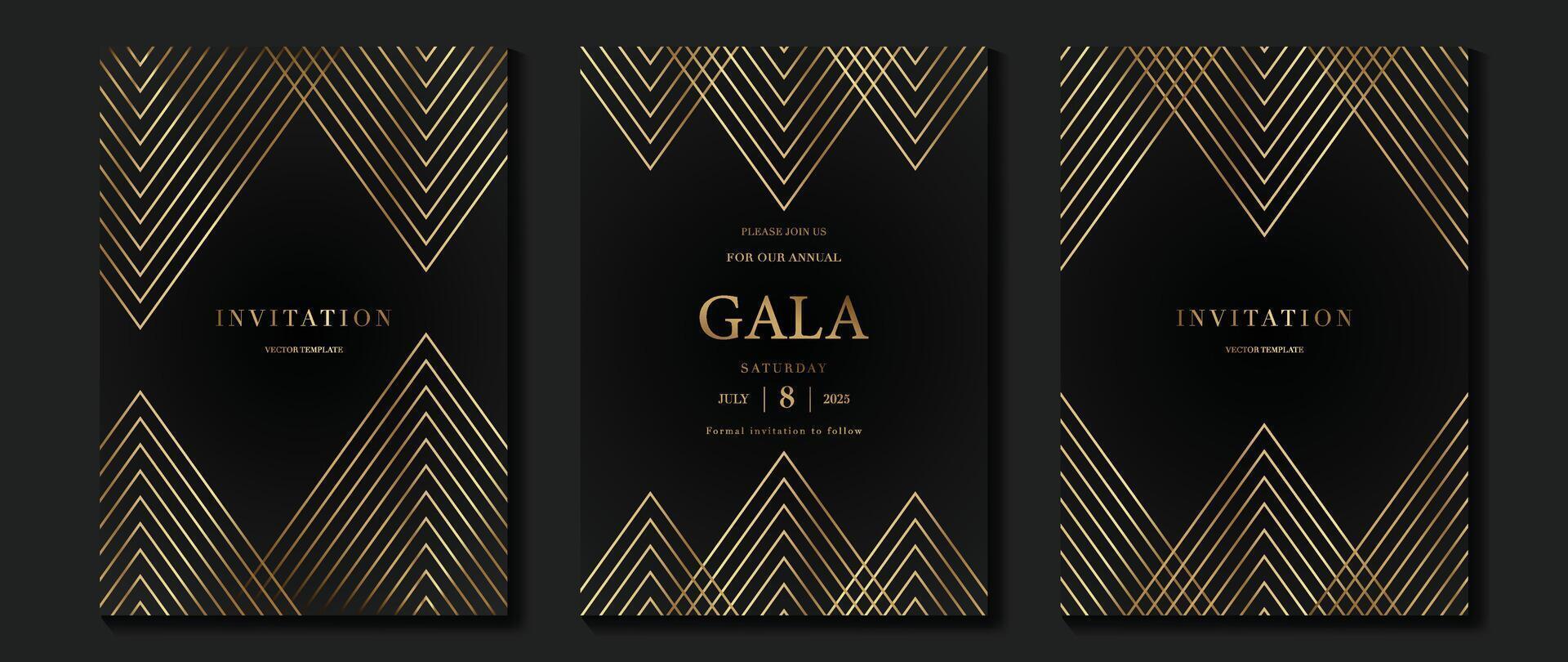Luxury invitation card background . Golden elegant geometric shape, gold lines gradient on dark background. Premium design illustration for gala card, grand opening, wedding, party invitation. vector