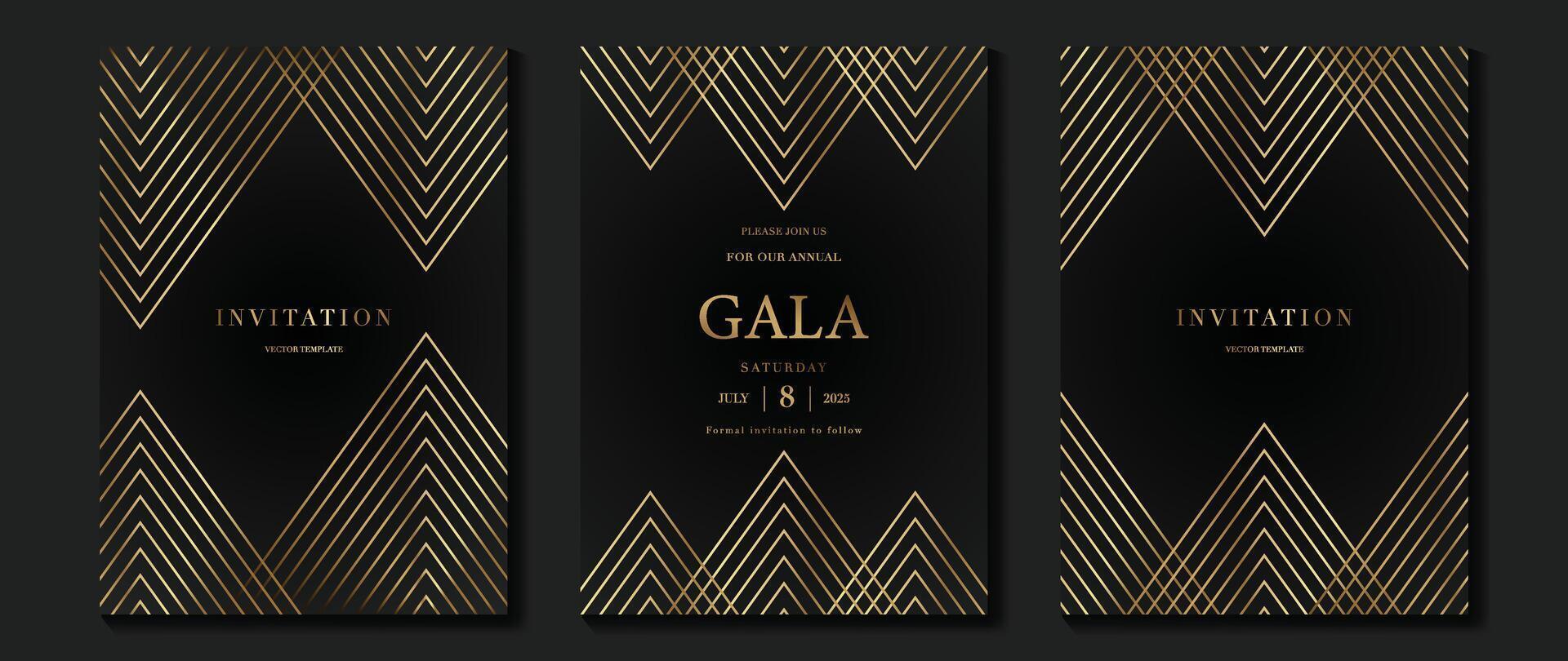 Luxury invitation card background . Golden elegant geometric shape, gold lines gradient on dark background. Premium design illustration for gala card, grand opening, wedding, party invitation. vector