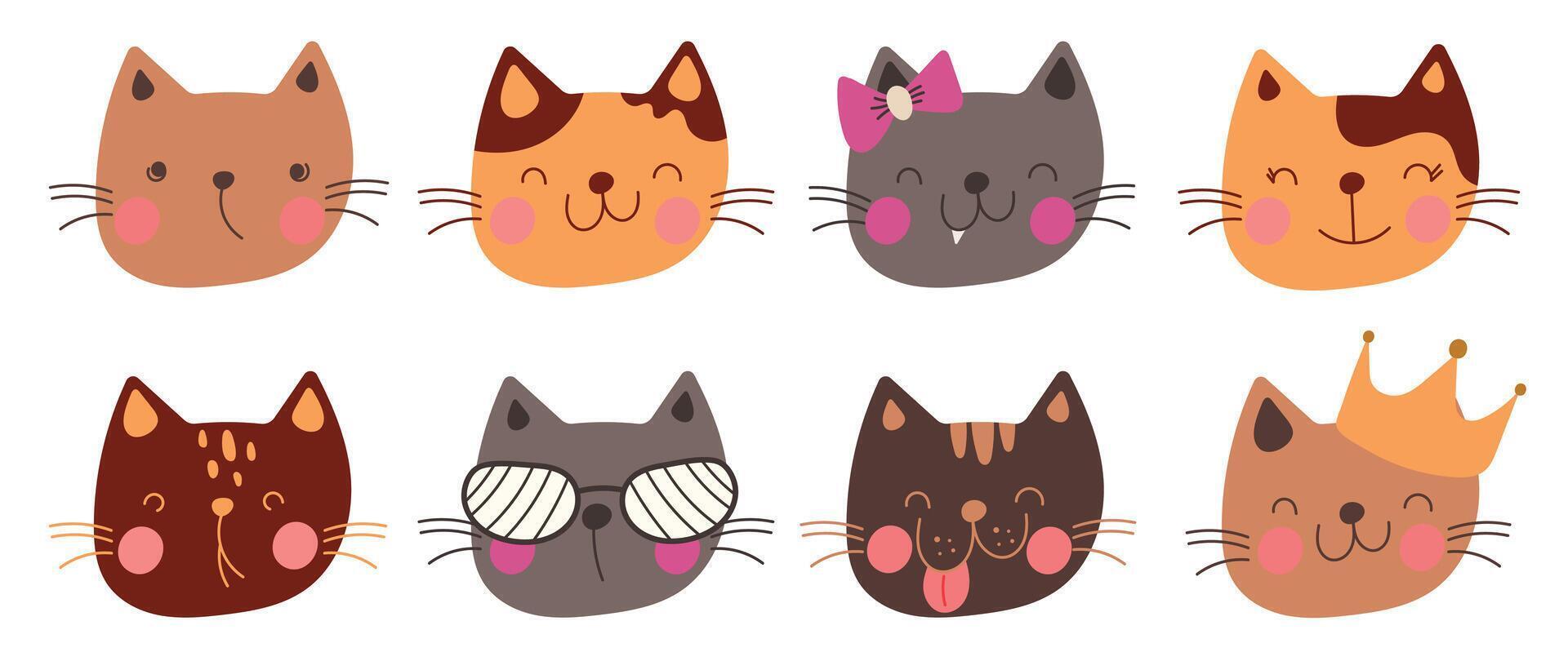 Cute and smile cat heads doodle set. Comic happy cat faces character design of different cat breed with flat color isolated on white background. Design illustration for sticker, comic, clipart. vector