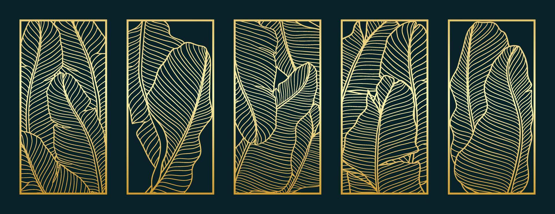 Gold banana leaf line art pattern collection. Laser cut with line design pattern. Design for wood carving, wall panel decor, metal cutting, wall arts, cover background, wallpaper and banner. vector