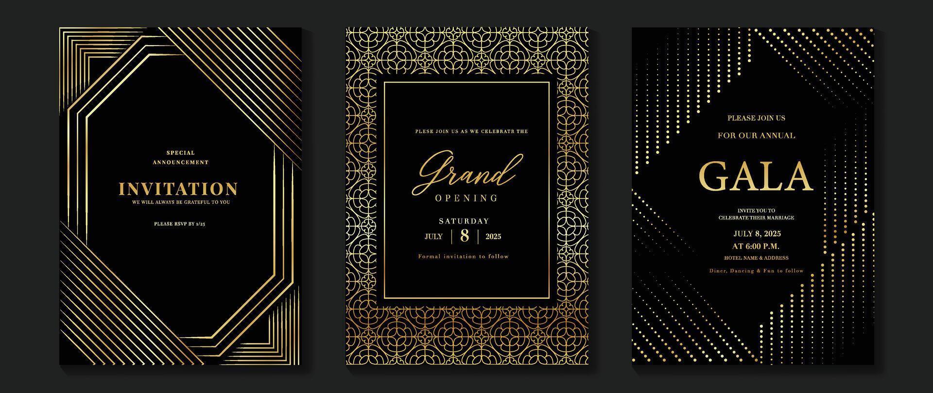 Luxury invitation card background . Golden elegant geometric shape, gold lines gradient on dark background. Premium design illustration for gala card, grand opening, wedding, party invitation. vector