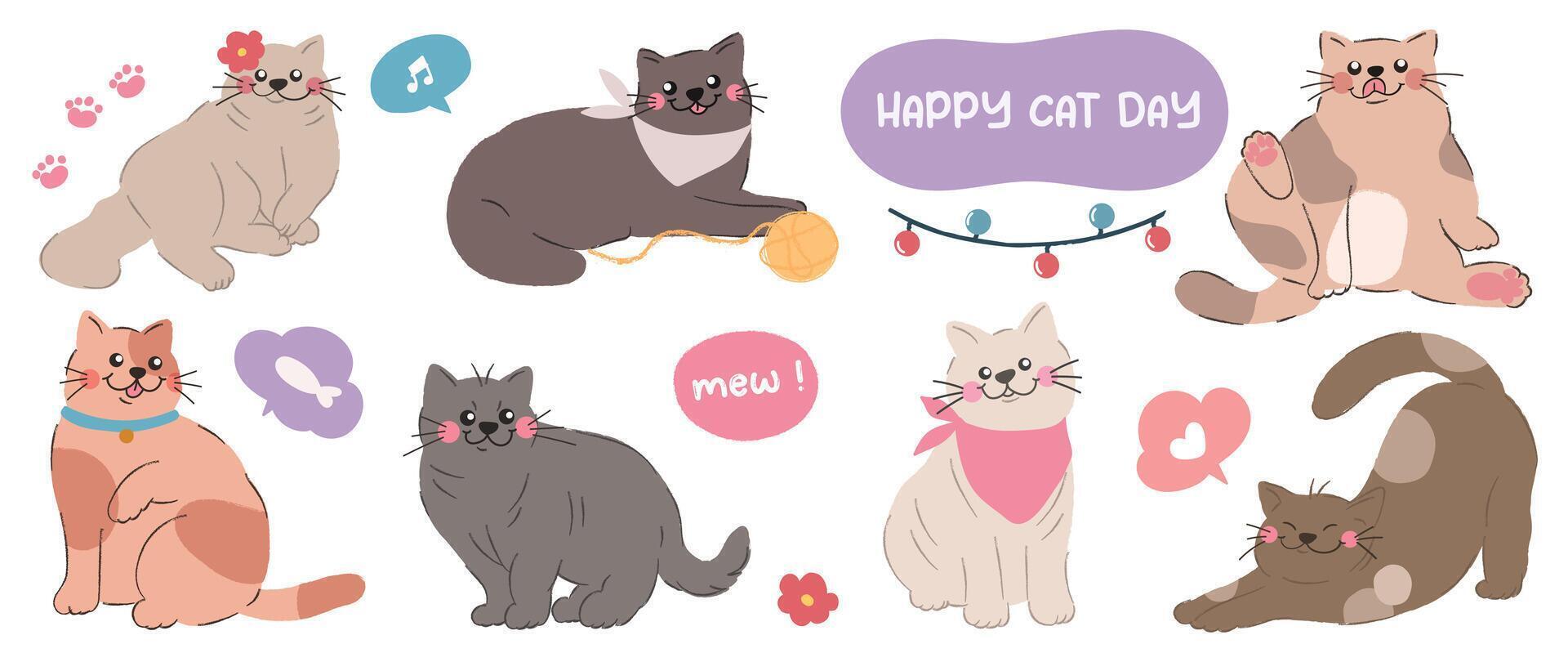 Cute cats and funny kitten doodle element . Happy international cat day characters design collection with flat color in different poses. Set of adorable pet animals isolated on white background. vector