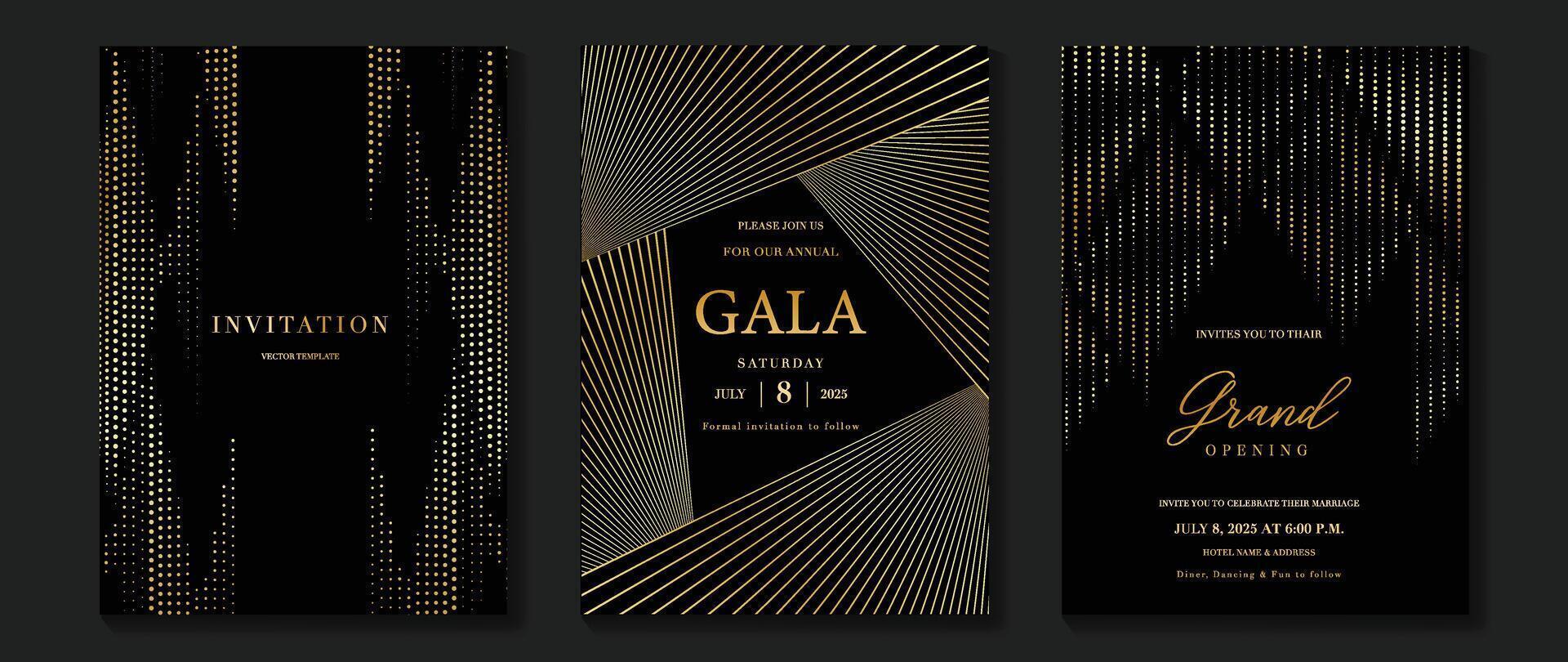 Luxury invitation card background . Golden elegant geometric shape, gold lines gradient on dark background. Premium design illustration for gala card, grand opening, wedding, party invitation. vector