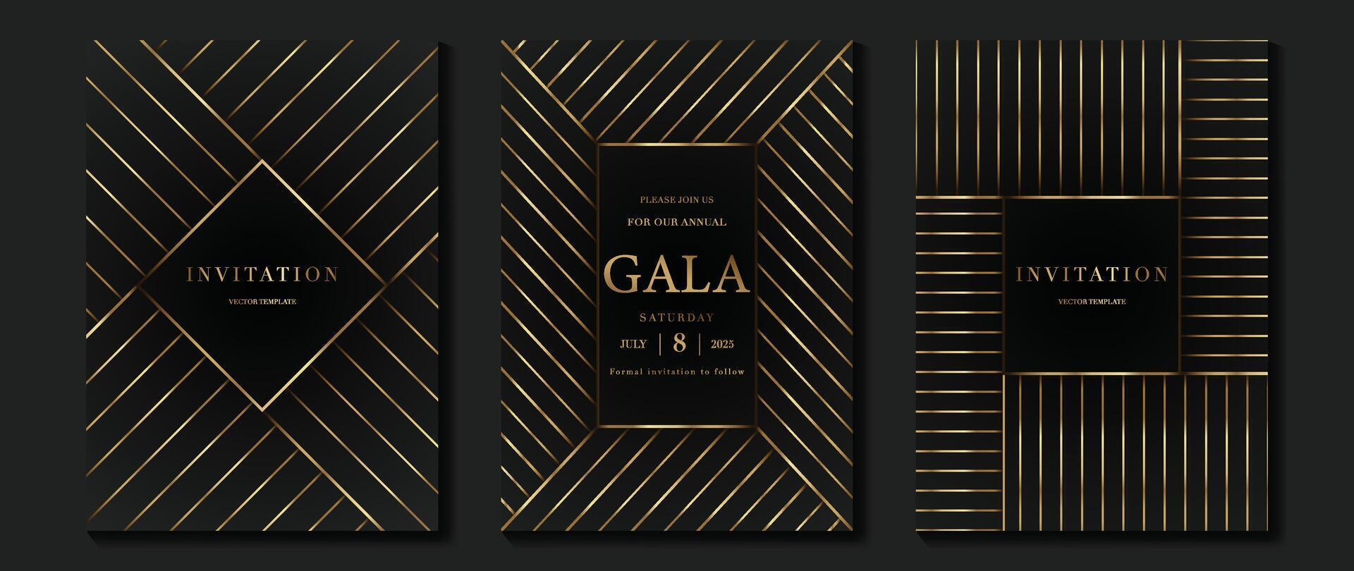 Luxury invitation card background . Golden elegant geometric shape, gold lines gradient on dark background. Premium design illustration for gala card, grand opening, wedding, party invitation. vector