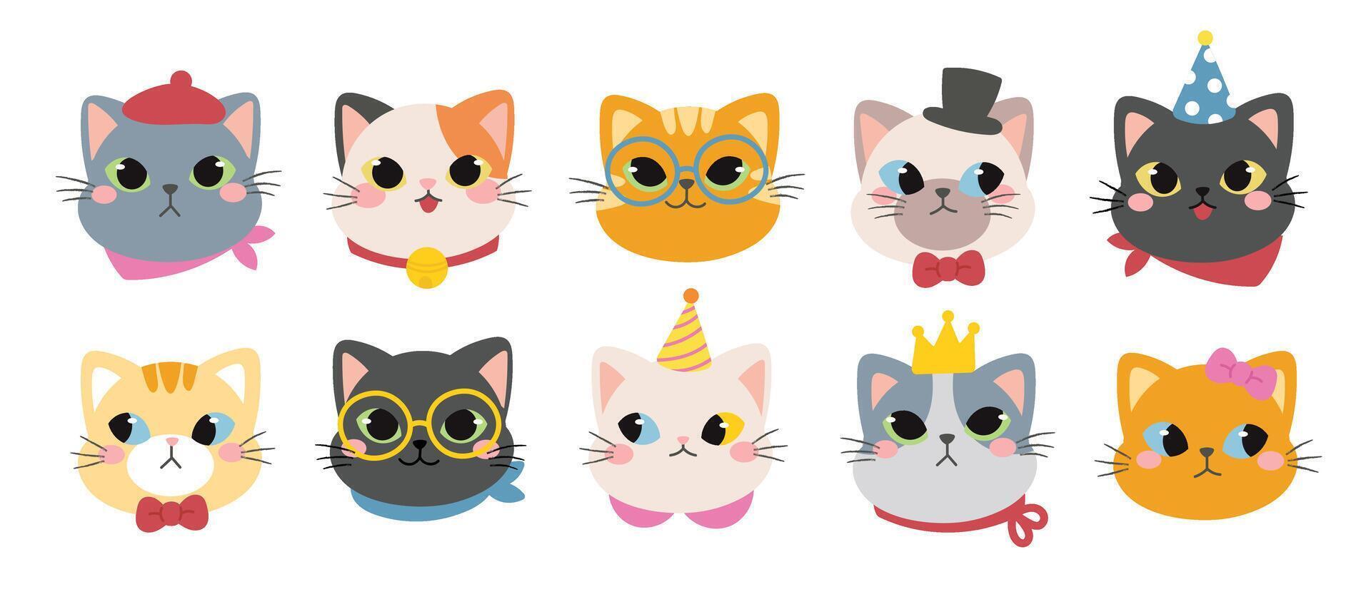 Cute and smile cat heads doodle set. Comic happy cat faces character design of different cat breed with flat color isolated on white background. Design illustration for sticker, comic, clipart. vector