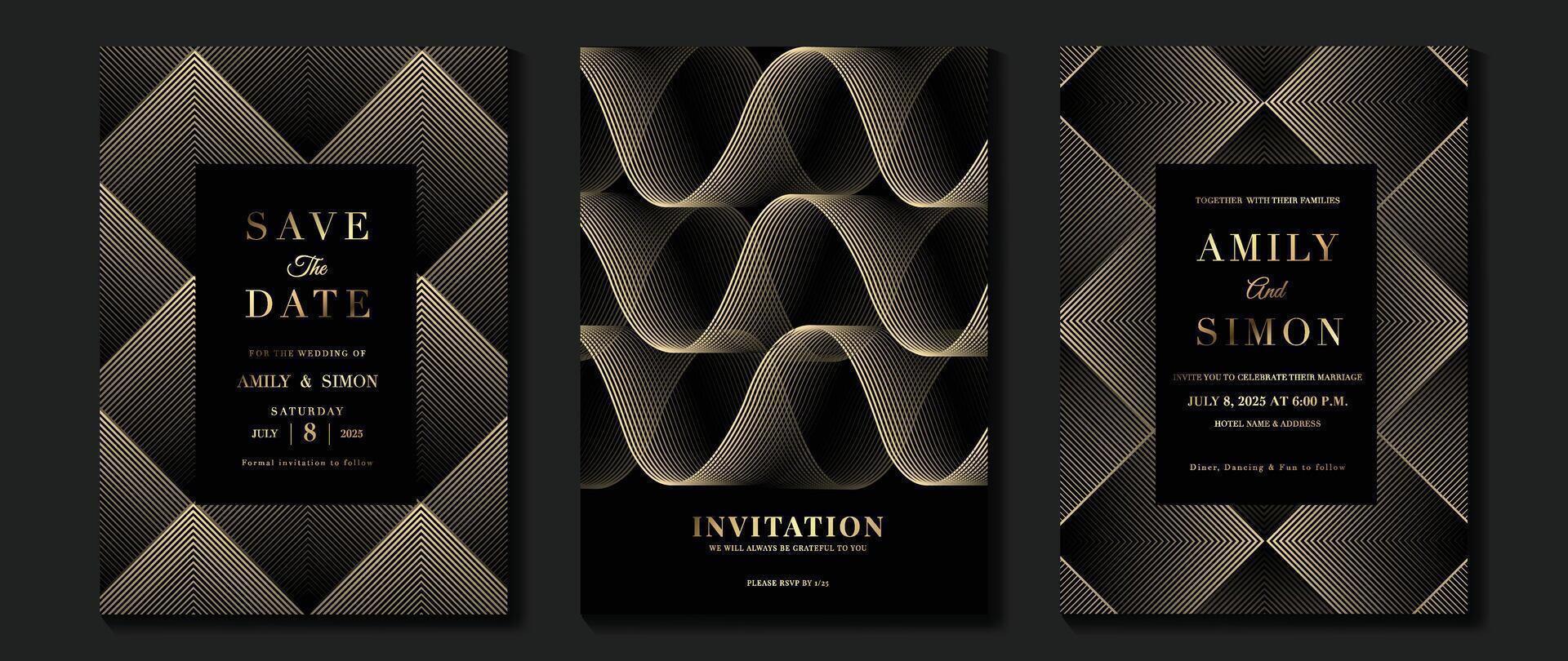 Luxury invitation card background . Golden elegant geometric shape, gold lines gradient on dark background. Premium design illustration for gala card, grand opening, wedding, party invitation. vector