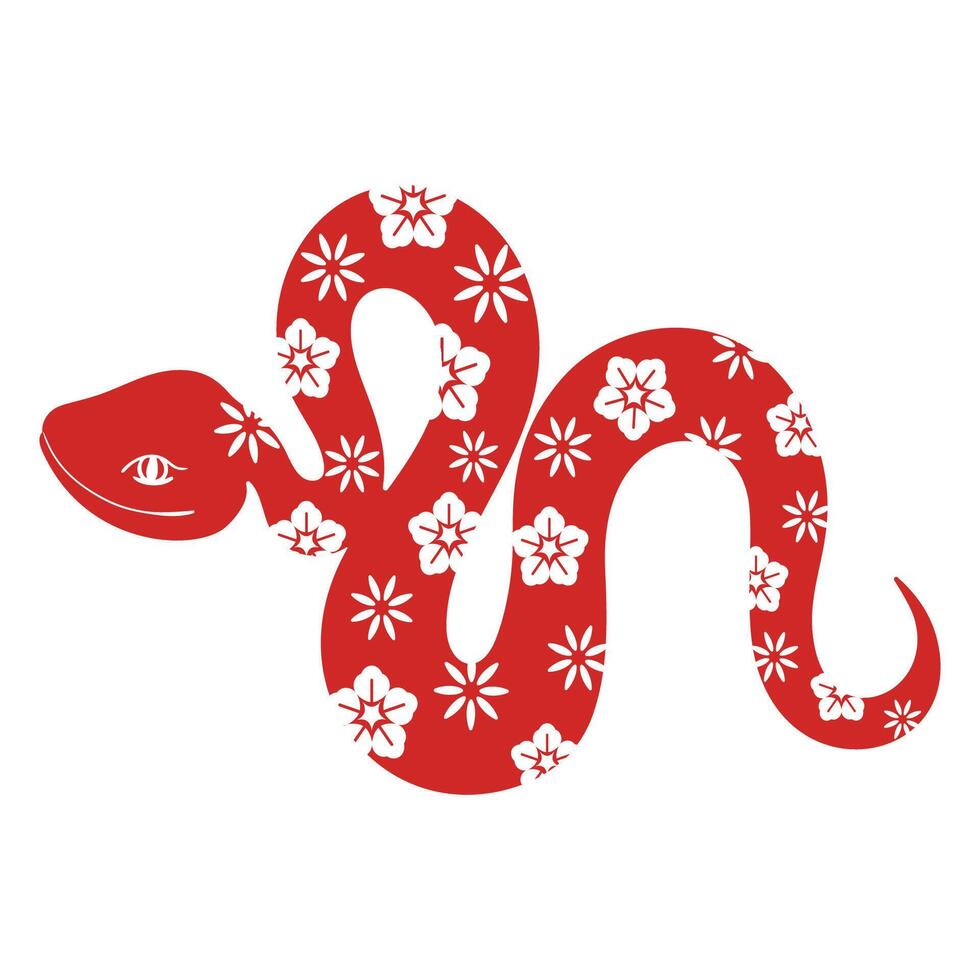 Chinese New Year snake character . Zodiac sign year of the snake with cherry blossom flower pattern on snake red color. Illustration design of background, card, sticker, calendar. vector