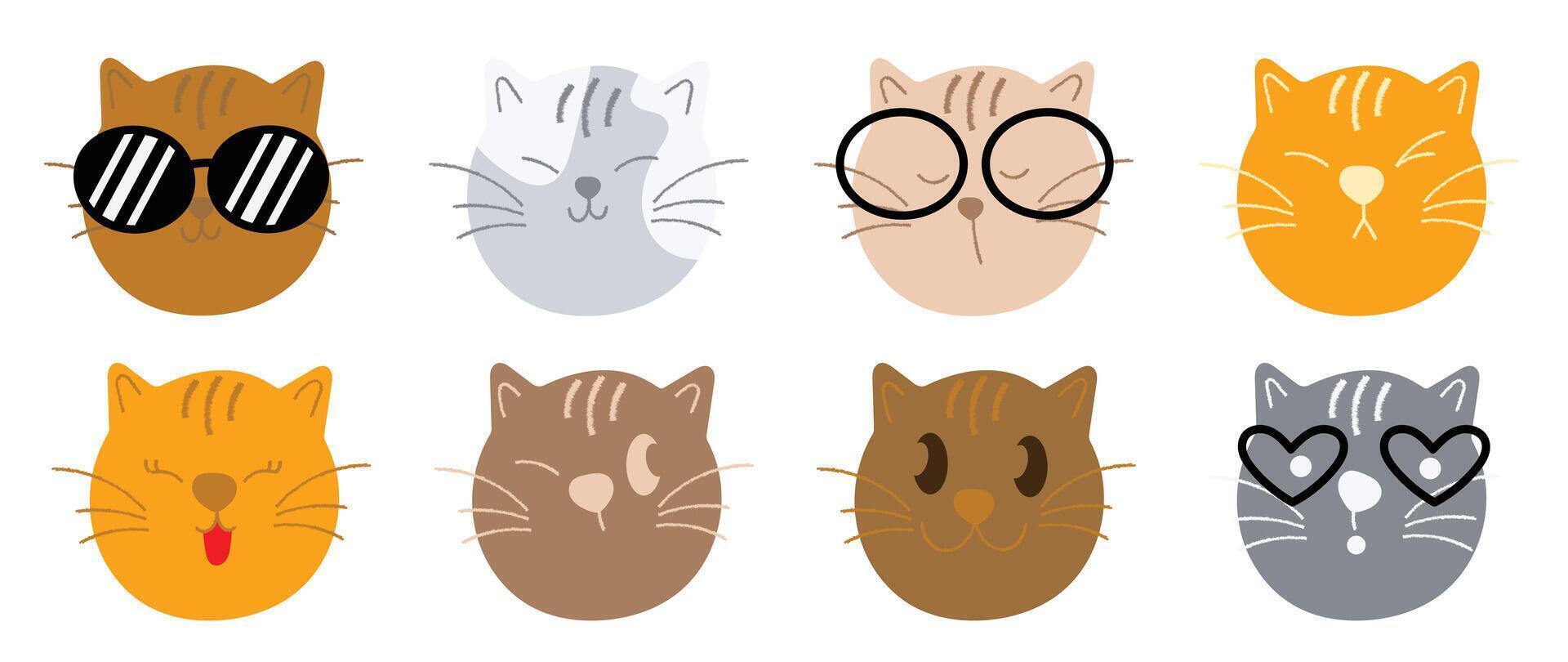 linda y sonrisa gato cabezas garabatear colocar. cómic contento gato caras personaje diseño de diferente gato raza con plano color aislado en blanco antecedentes. diseño ilustración para pegatina, cómic, clipart. vector