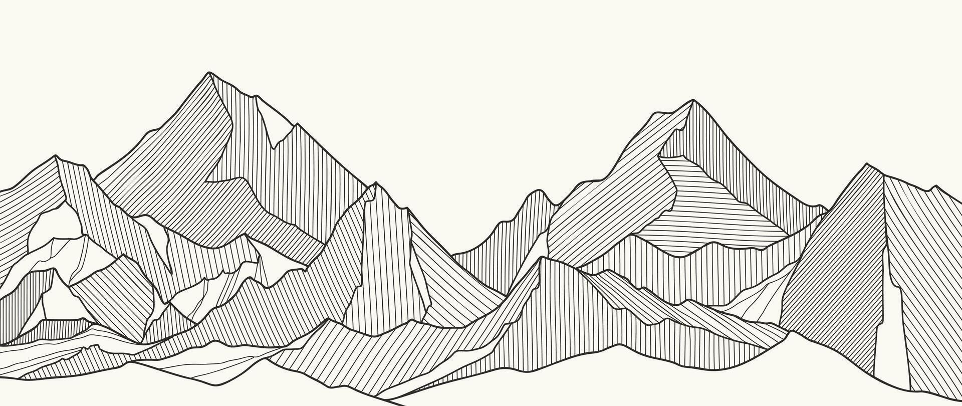 Mountain Hand drawn background . Minimal landscape art with line art, contouring. Abstract art wallpaper illustration for prints, Decoration, interior decor, wall arts, canvas prints. vector