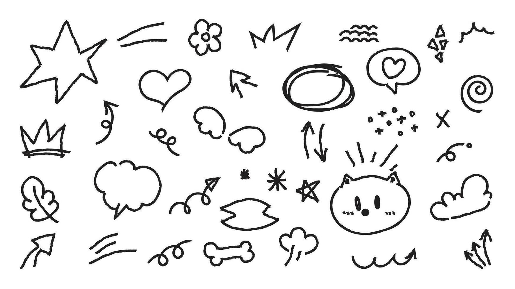 Set of cute pen line doodle element . Hand drawn doodle style collection of heart, arrows, scribble, speech bubble, flower, bear. Design for print, cartoon, card, decoration, sticker. vector