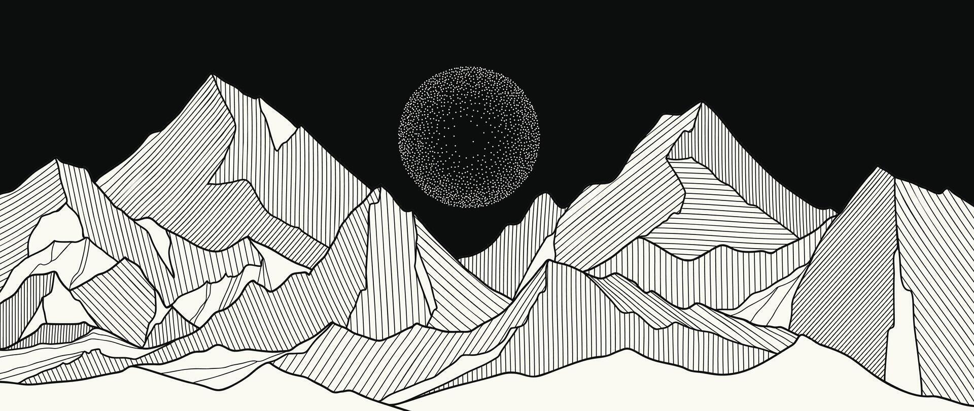 montaña mano dibujado antecedentes . mínimo paisaje Arte con línea Arte y Luna Mancha textura. resumen Arte fondo de pantalla ilustración para huellas dactilares, decoración, interior decoración, pared letras, lona huellas dactilares. vector