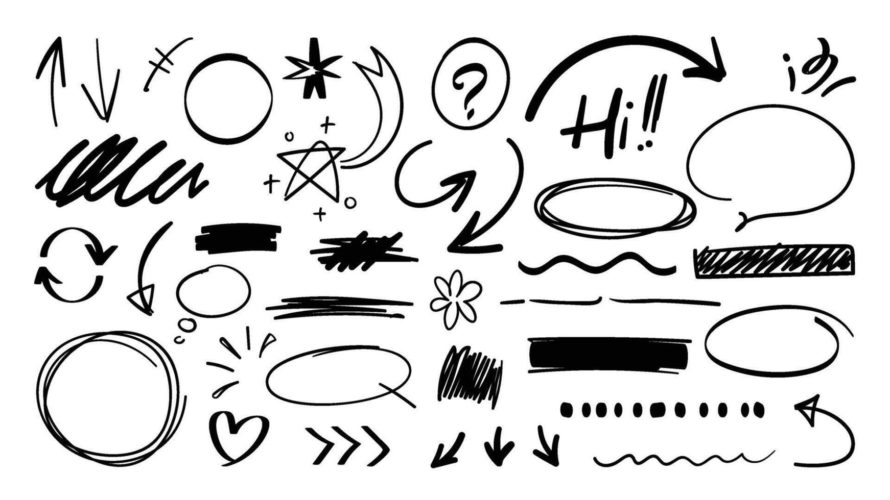 Set of cute pen line doodle element . Hand drawn doodle style collection of scribble, speech bubble, arrow, heart, flower. Design for print, cartoon, card, decoration, sticker. vector