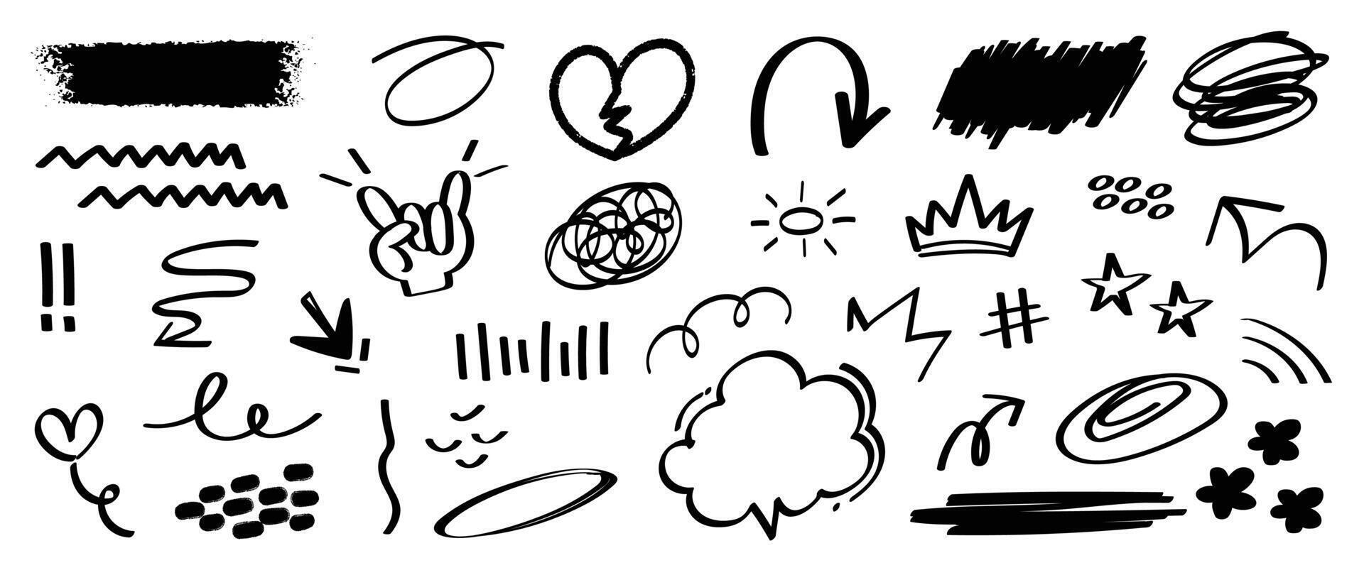 Set of cute pen line doodle element . Hand drawn doodle style collection of heart, arrows, scribble, speech bubble, sparkle, crown. Design for print, cartoon, card, decoration, sticker. vector