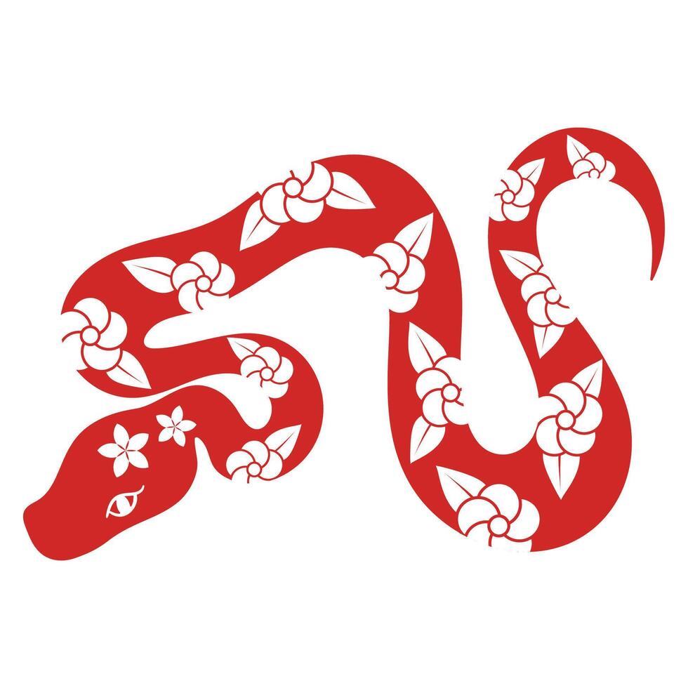 Chinese New Year snake character . Zodiac sign year of the snake with cherry blossom flower pattern on snake red color. Illustration design of background, card, sticker, calendar. vector