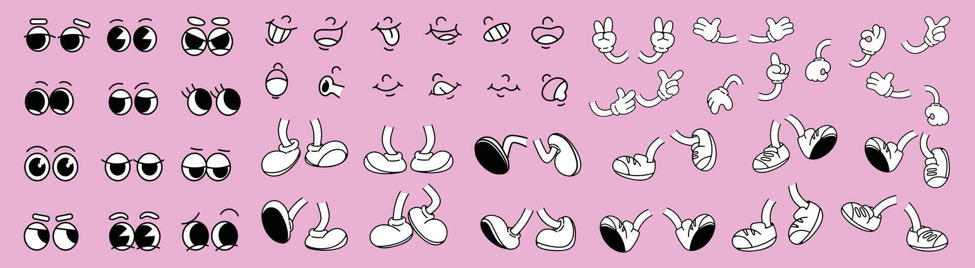 Set of 70s groovy comic . Collection of cartoon character faces in different emotions, hand, glove, shoes. Cute retro groovy hippie illustration for decorative, sticker. vector