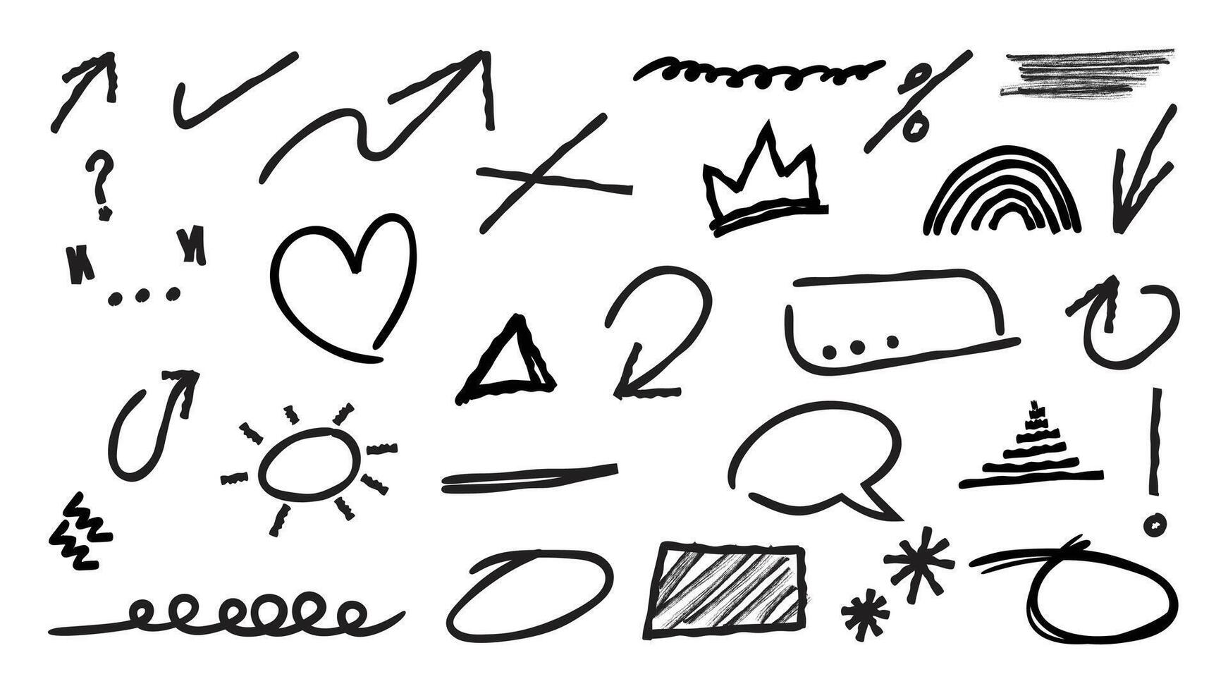 Set of cute pen line doodle element . Hand drawn doodle style collection of scribble, speech bubble, arrow, heart, crown. Design for print, cartoon, card, decoration, sticker. vector