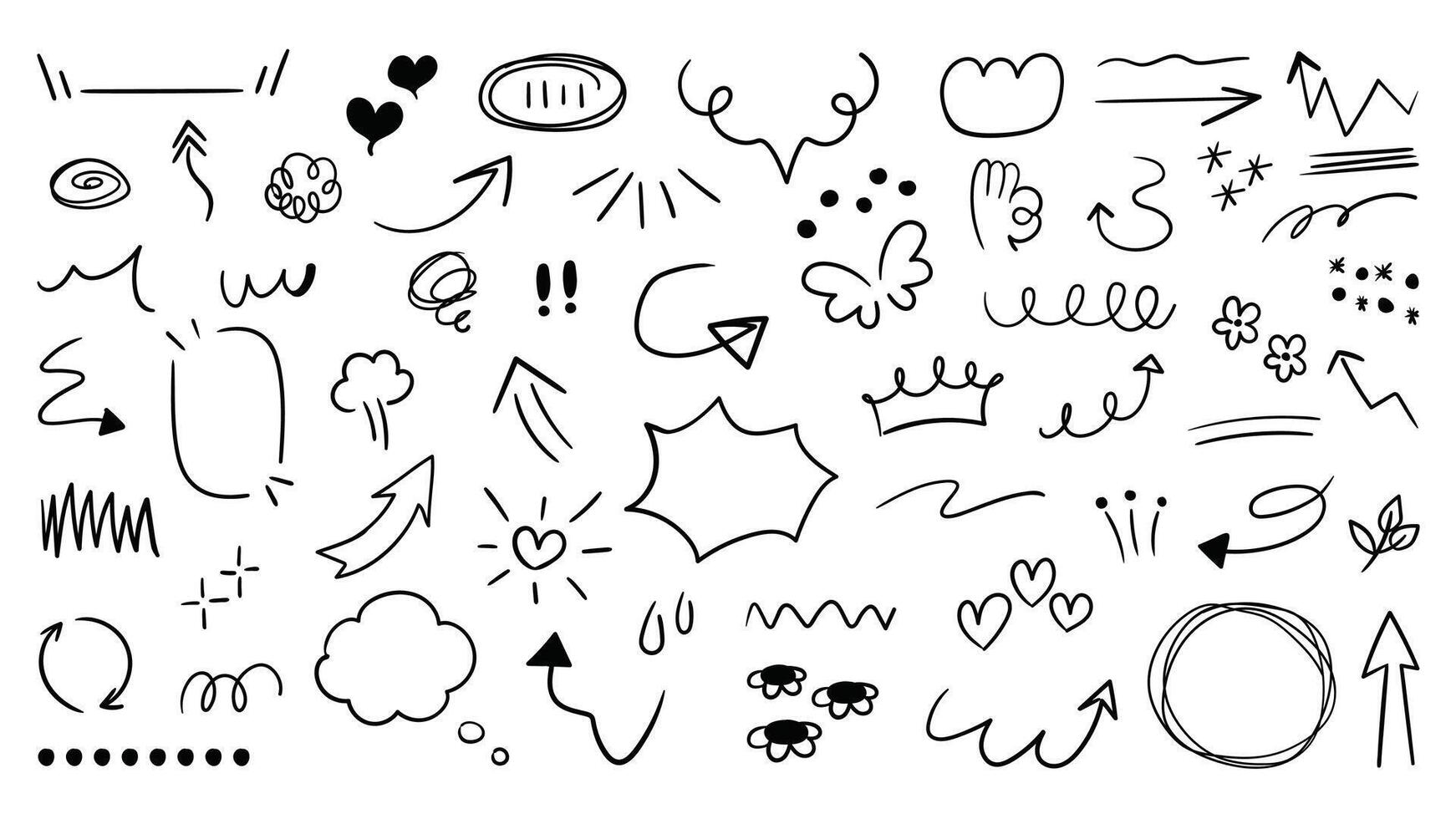 Set of cute pen line doodle element . Hand drawn doodle style collection of scribble, speech bubble, arrow, flower, heart, crown. Design for print, cartoon, card, decoration, sticker. vector